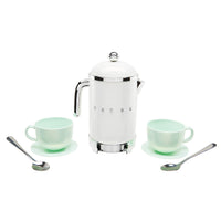 Load image into Gallery viewer, A retro-style white coffee pot with chrome trim, flanked by two matching mint green teacups on saucers and two silver spoons, arranged symmetrically on a white background.