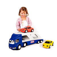 Load image into Gallery viewer, Little girl wearing a white dress and pink cardigan playing with a toy truck and cars on a white background