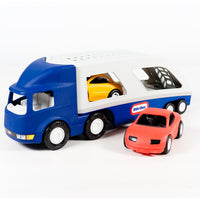Load image into Gallery viewer, Toy truck with a trailer carrying toy cars on a white background