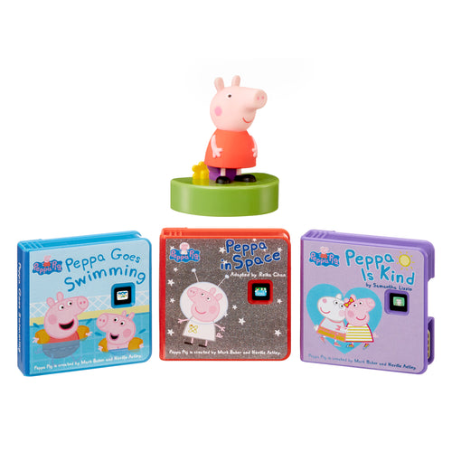 Set of Peppa Pig books and figurine on a white background