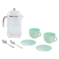 Load image into Gallery viewer, A retro-style ceramic coffee pot with a white body and silver accents, accompanied by two mint green cups with saucers and two silver spoons, arranged on a clean white background.