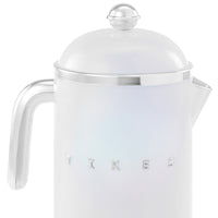 Load image into Gallery viewer, A white retro-style French press coffee maker with silver metallic accents, including a handle, rim, lid knob, and embossed brand lettering on the front, shown against a plain white background.