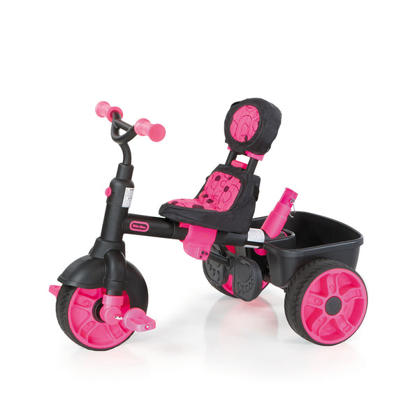 Pink and black tricycle with a small seat and trailer on a white background