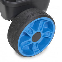 Load image into Gallery viewer, Close-up of a wheel with a blue rim and black tire on a white background
