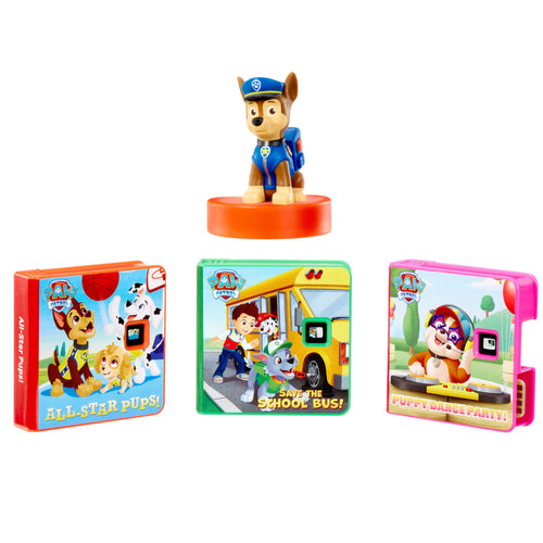 Paw Patrol toy figure with three colorful packaging designs on a white background