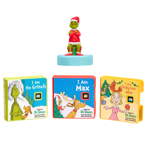 Set of Dr. Seuss-themed books with a figurine on a white background