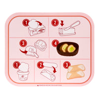 Load image into Gallery viewer, Instructions for making a dessert on a pink tray with white illustrations.