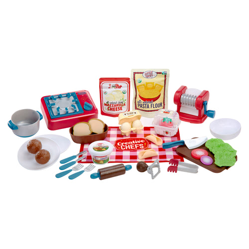 Toy Italian restaurant kitchen set with various items on a white background