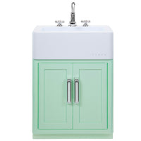 Load image into Gallery viewer, A mint green bathroom vanity cabinet with two doors, silver handles, and a white integrated sink basin with a chrome faucet, shown on a plain white background.