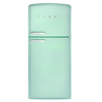 Load image into Gallery viewer, A retro-style two-door refrigerator in a pastel mint green color, featuring chrome handles and the 'SMOKS' brand name on the upper door, set against a plain white background.