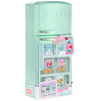 Load image into Gallery viewer, A mint green toy refrigerator with a 'TAKER' logo on the door, shown open with various colorful miniature kitchen accessories inside, including a milk carton, ice pop, cupcakes, and fruit. The toy is displayed on a clean white background.