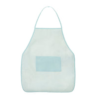 Load image into Gallery viewer, A light blue and white vertically striped baby bib apron with a neck strap and a front pocket, shown on a plain white background.