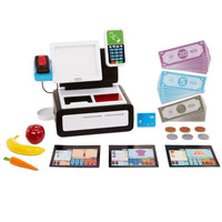 Load image into Gallery viewer, Includes 40+ realistic shopping accessories: 30 bills, 6 coins, 3 checkout screens, hand scanner, debit card, apple, banana, and carro