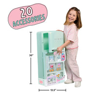 Load image into Gallery viewer, A young girl stands next to a pastel mint green toy refrigerator with shelves and accessories, shown with dimension lines indicating 30 inches tall and 13.5 inches wide.