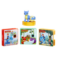 Load image into Gallery viewer, The image shows the Little Tikes Story Dream Machine with a Dreamworks Dragons Rescue Riders Collection. It includes a yellow storybook projector with a blue and purple dragon character, and three story books titled &#39;Dragon Day&#39;, &#39;Rescue Riders&#39;, and &#39;Dragon Up!&#39;.
