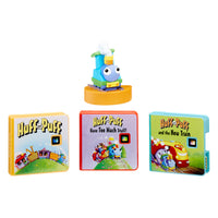 Load image into Gallery viewer, The image shows the Little Tikes Story Dream Machine Huff and Puff Collection, including three story books and a character figure with light effects.
