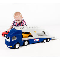 Load image into Gallery viewer, Child playing with a toy car carrier truck on a white background
