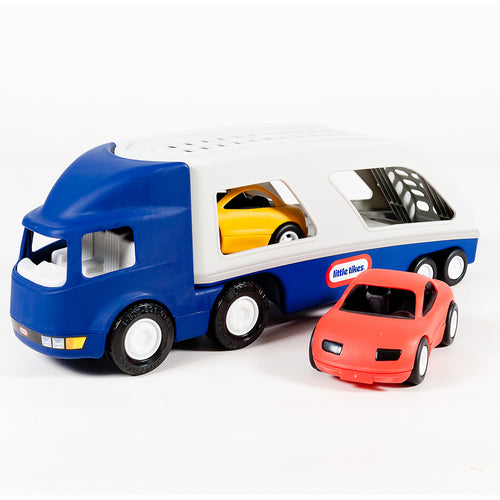 Toy truck with a trailer carrying toy cars on a white background