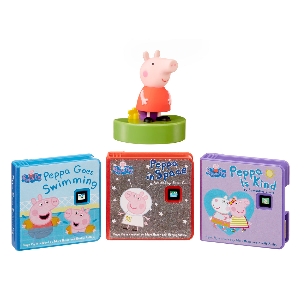 Set of Peppa Pig books and figurine on a white background