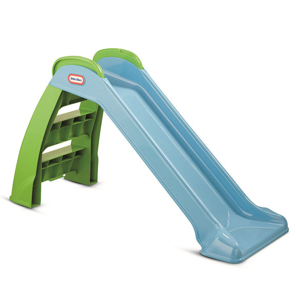 Children's slide with green top and blue slide body on a white background