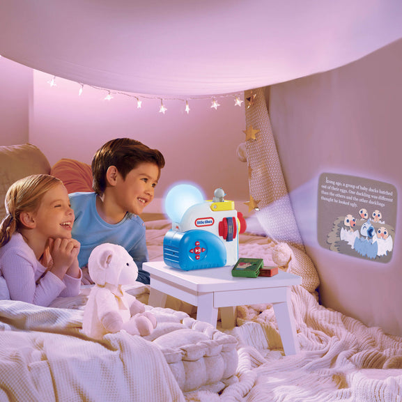 Boy and girl watching story on the wall