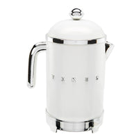 Load image into Gallery viewer, A white electric French press coffee maker with polished chrome accents, featuring the brand name 'TIKES' embossed on the front, set against a plain white background.

