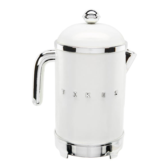 A white electric French press coffee maker with polished chrome accents, featuring the brand name 'TIKES' embossed on the front, set against a plain white background.