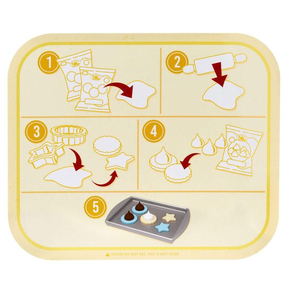 Yellow play mat showing step by step actions to make play dough cookies