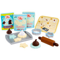 Load image into Gallery viewer, A playset designed for children featuring cookie baking accessories including play dough in the shapes of cookies, a rolling pin, cookie cutters, and a baking sheet.
