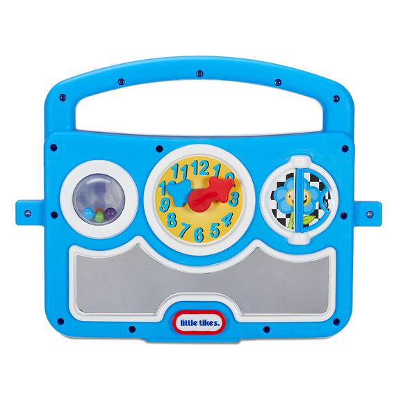 Blue toy panel with colourful numbers, a clock and shapes on a white background
