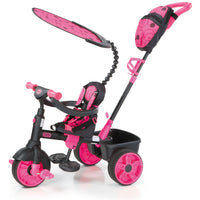 Load image into Gallery viewer, Pink and black children&#39;s tricycle with canopy on a white background
