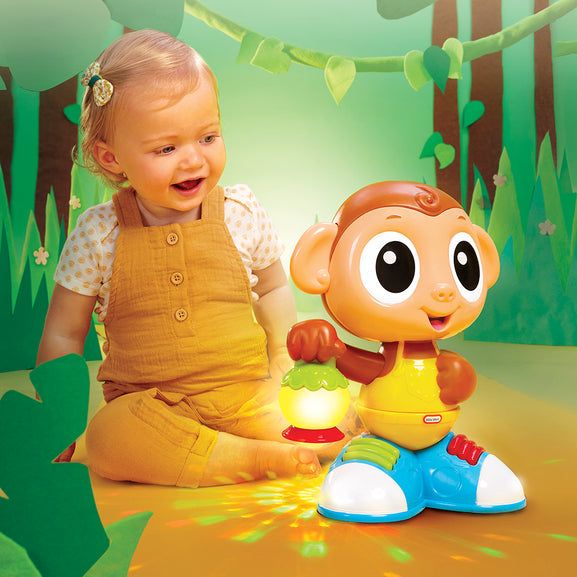 Child with a toy monkey in a forest setting