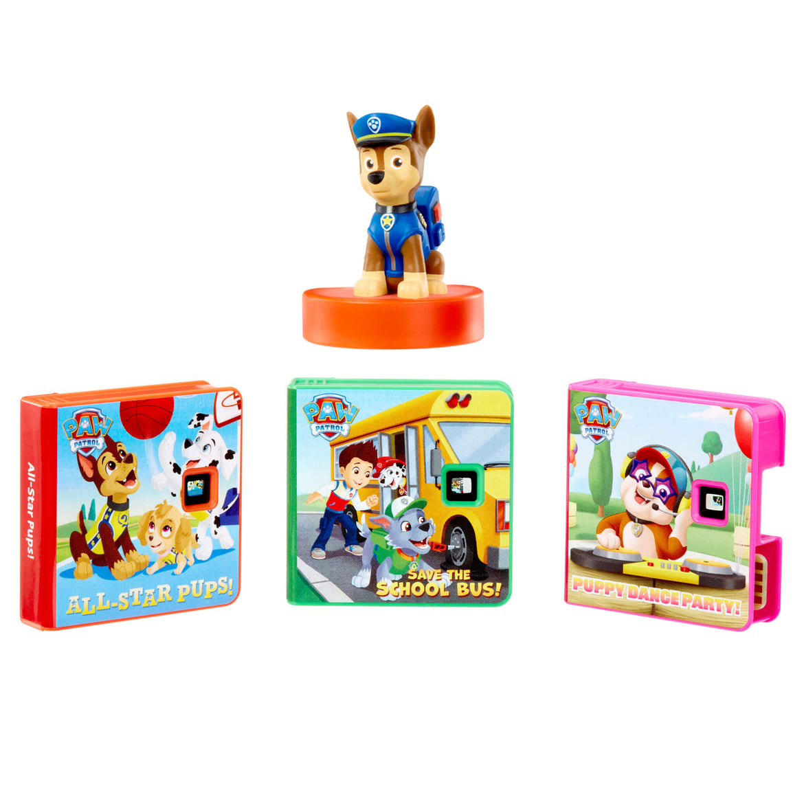 Paw Patrol toy figure with three colorful packaging designs on a white background