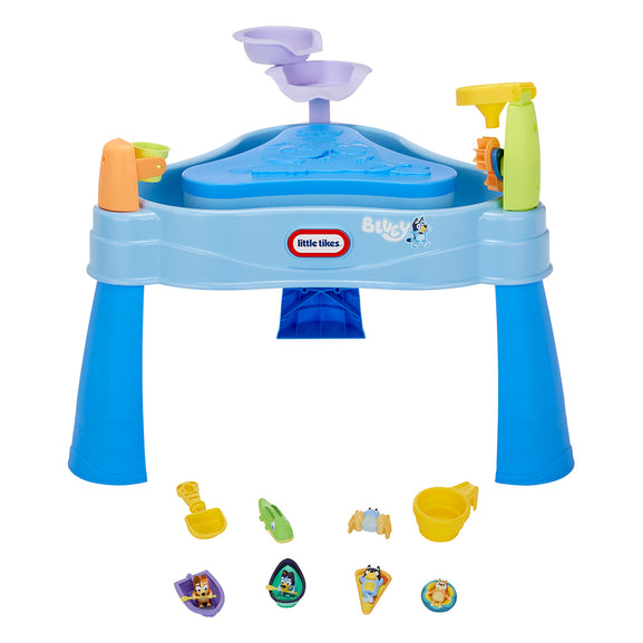 Children's Bluey sand and water play table with water features and toys on a white background