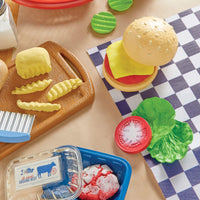 Load image into Gallery viewer, Play food set with hamburger, fries, and ground beef on a checkered tablecloth.
