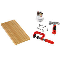 Load image into Gallery viewer, Pretend Wooden board, toy hammer, clamps, and screws on a white background
