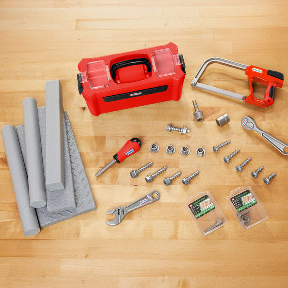 Set of tools including a red toolbox, saw, screwdriver, wrenches, and various screws on a wooden surface.