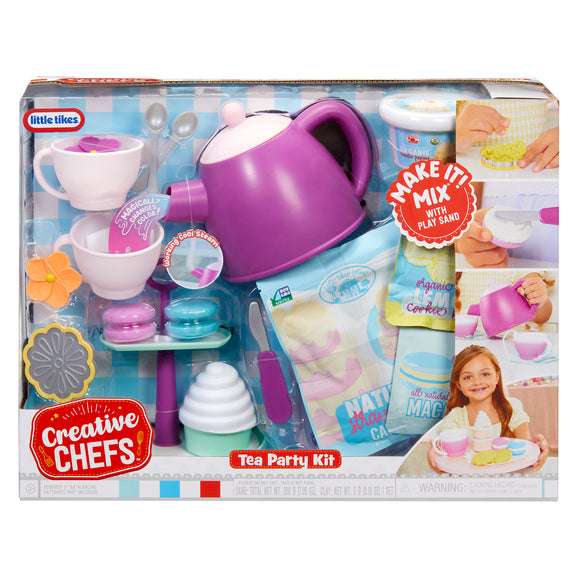 Little Tikes Creative Chefs Tea Party Kit packaging with purple teapot and other accessories.