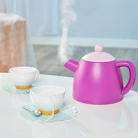 Load image into Gallery viewer, Purple teapot with white lid and two white cups on a light surface.
