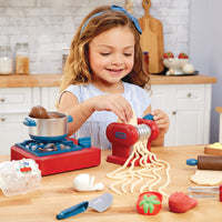 Load image into Gallery viewer, Child playing with a toy kitchen set making spaghetti on a wooden table
