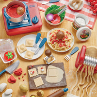 Load image into Gallery viewer, Play kitchen set with food items and utensils
