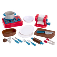 Load image into Gallery viewer, Collection of toy kitchen items including a stove, bowls, plates, and utensils on a white background.
