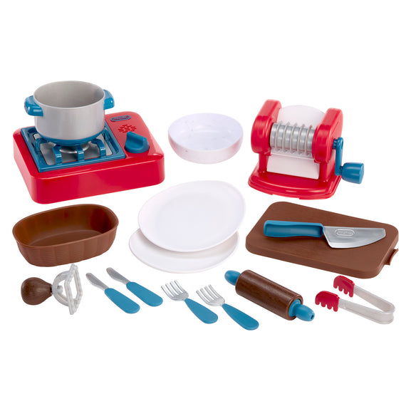 Collection of toy kitchen items including a stove, bowls, plates, and utensils on a white background.