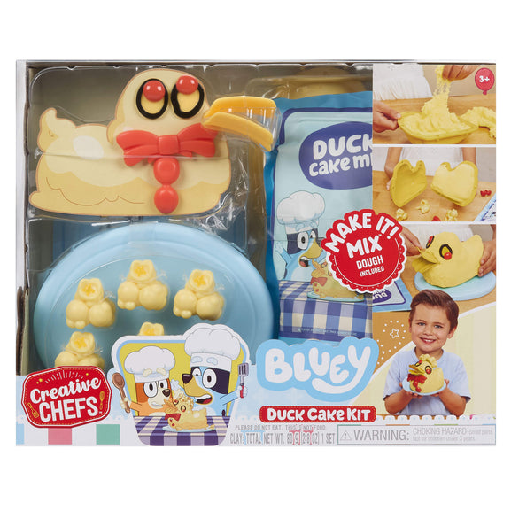 Bluey Duck Cake Kit packaging with toy duck, cake mix, and picture of children playing with the product.