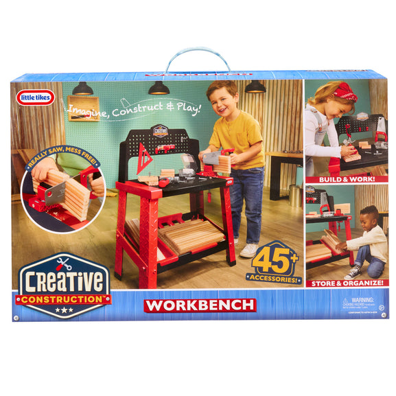 Box of Little Tikes Creative Construction Workbench with images of children playing and product details.