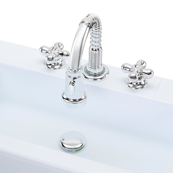 A polished chrome three-hole bathroom faucet set with a curved gooseneck spout, two cross-handle valves, and a matching drain cover, shown installed on a white sink against a white background.