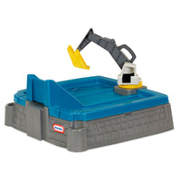 Load image into Gallery viewer, Toy construction set with blue sandbox, gray base, and excavator on a white background
