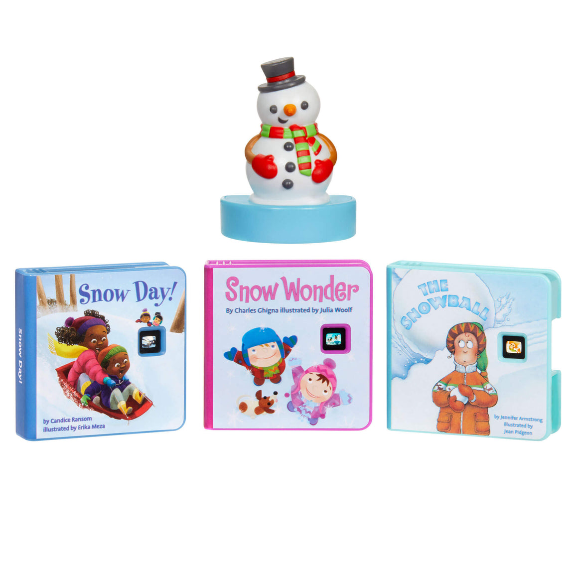 Set of children's books about snow with a snowman figurine on a white background
