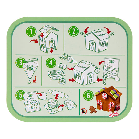 Step-by-step guide for making a gingerbread house on a green tray with illustrations.
