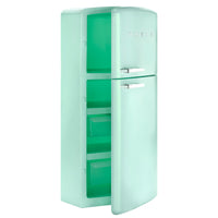 Load image into Gallery viewer, A retro-style two-door refrigerator in mint green, shown with the top freezer door open to reveal two interior storage compartments. The SMEG brand name is visible in silver lettering on the upper right of the door.
